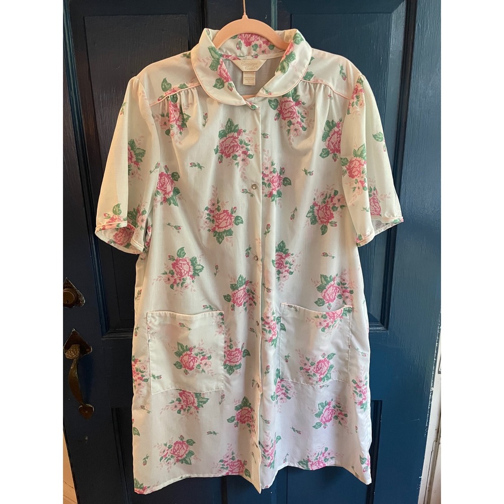 Vintage House Coat Carriage Court Floral Pink‎ Rose Snap Front Duster Robe Large